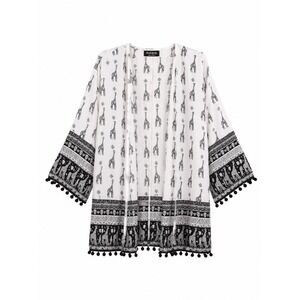 Relipop Womens Kimono Cardigan White Black Giraffe Print Boho‎ Pom Pom Trim M